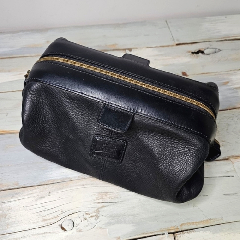 Vintage Fossil | Black Genuine Leather Structured Makeup Toiletry Travel Bag